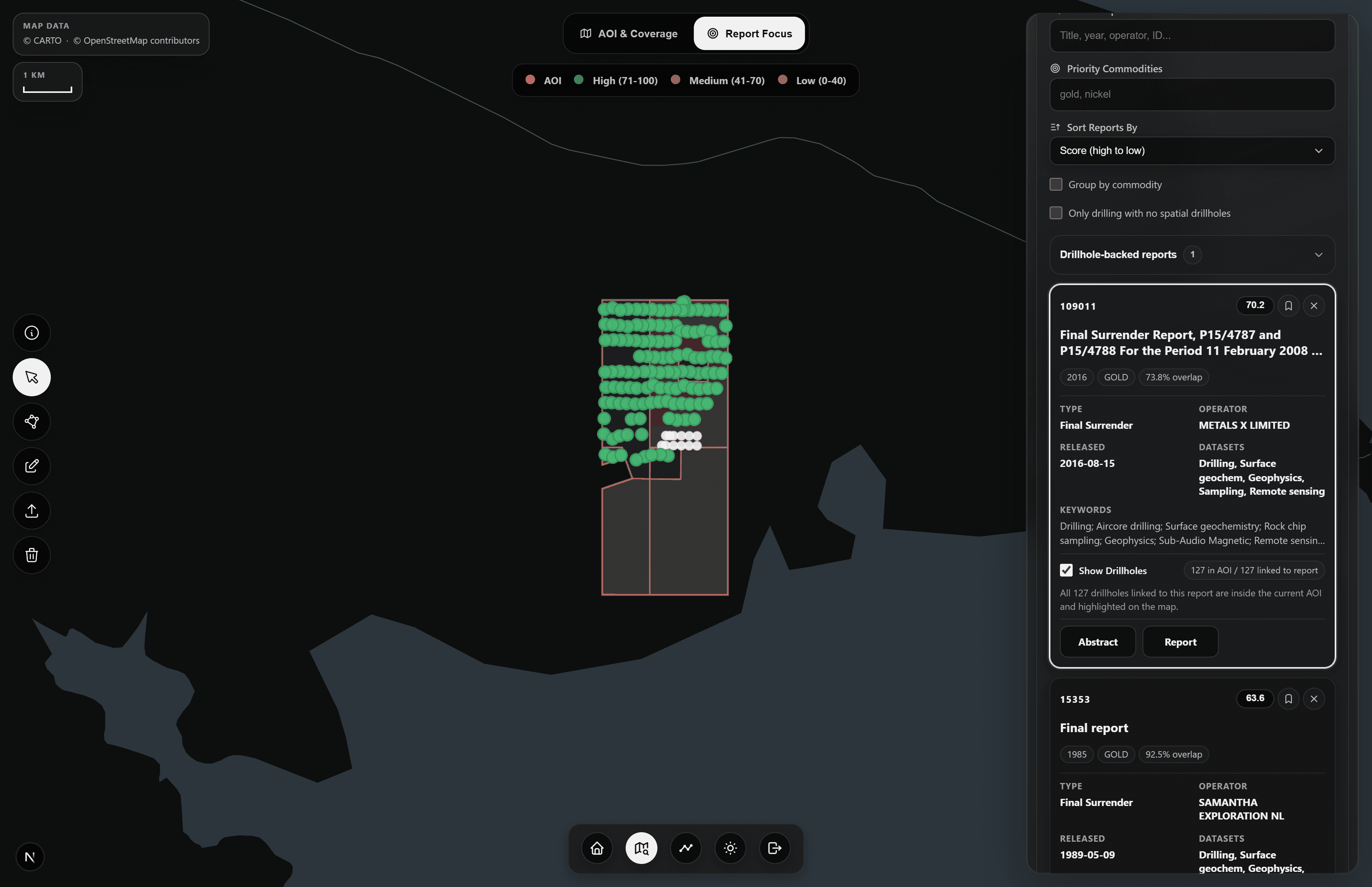 STRATUM Report Extractor showing a high-relevance report selected for overlapping WA tenements.