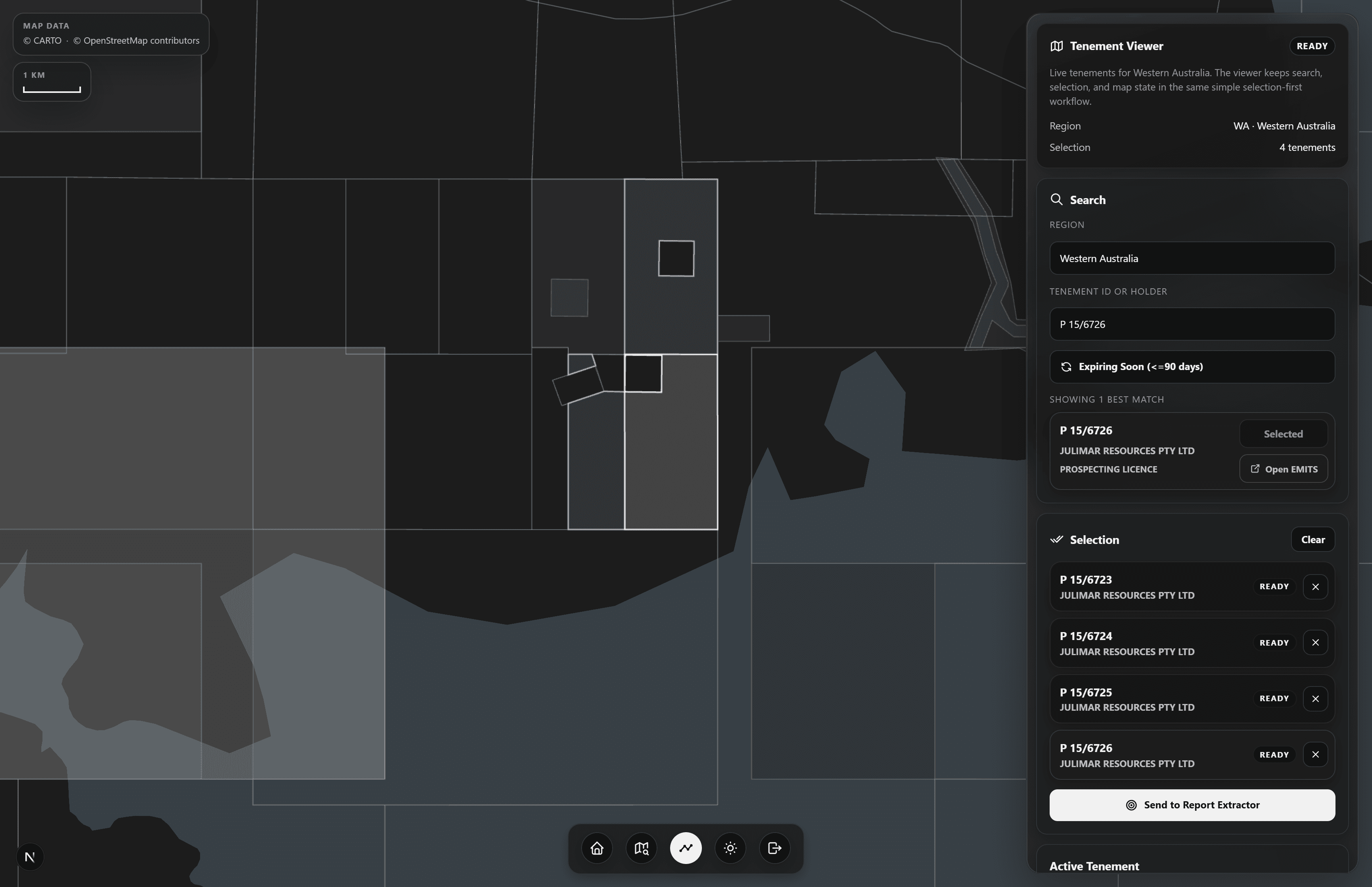 STRATUM Tenement Viewer showing four selected WA tenements ready to send to Report Extractor.