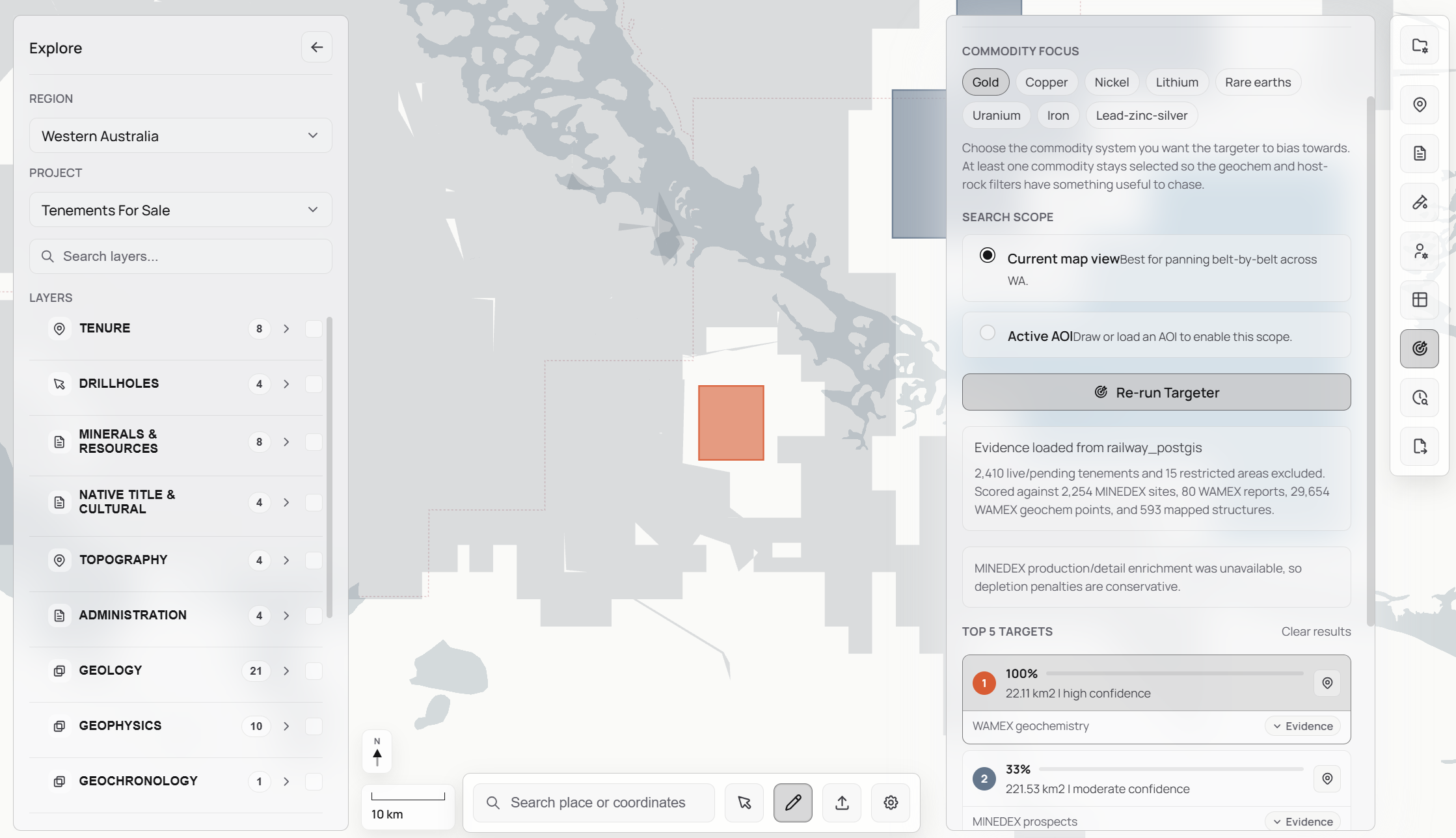 STRATUM exploration targeter showing ranked drill targets within an AOI.