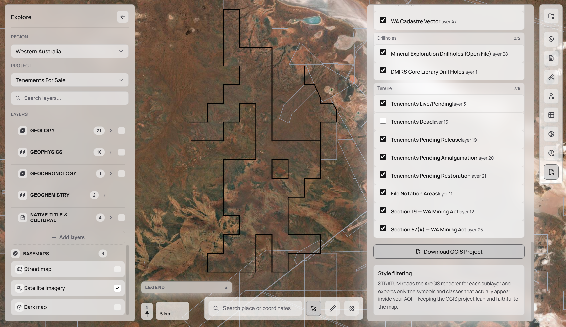 STRATUM GIS exporter showing a packaged project export with all active layers.