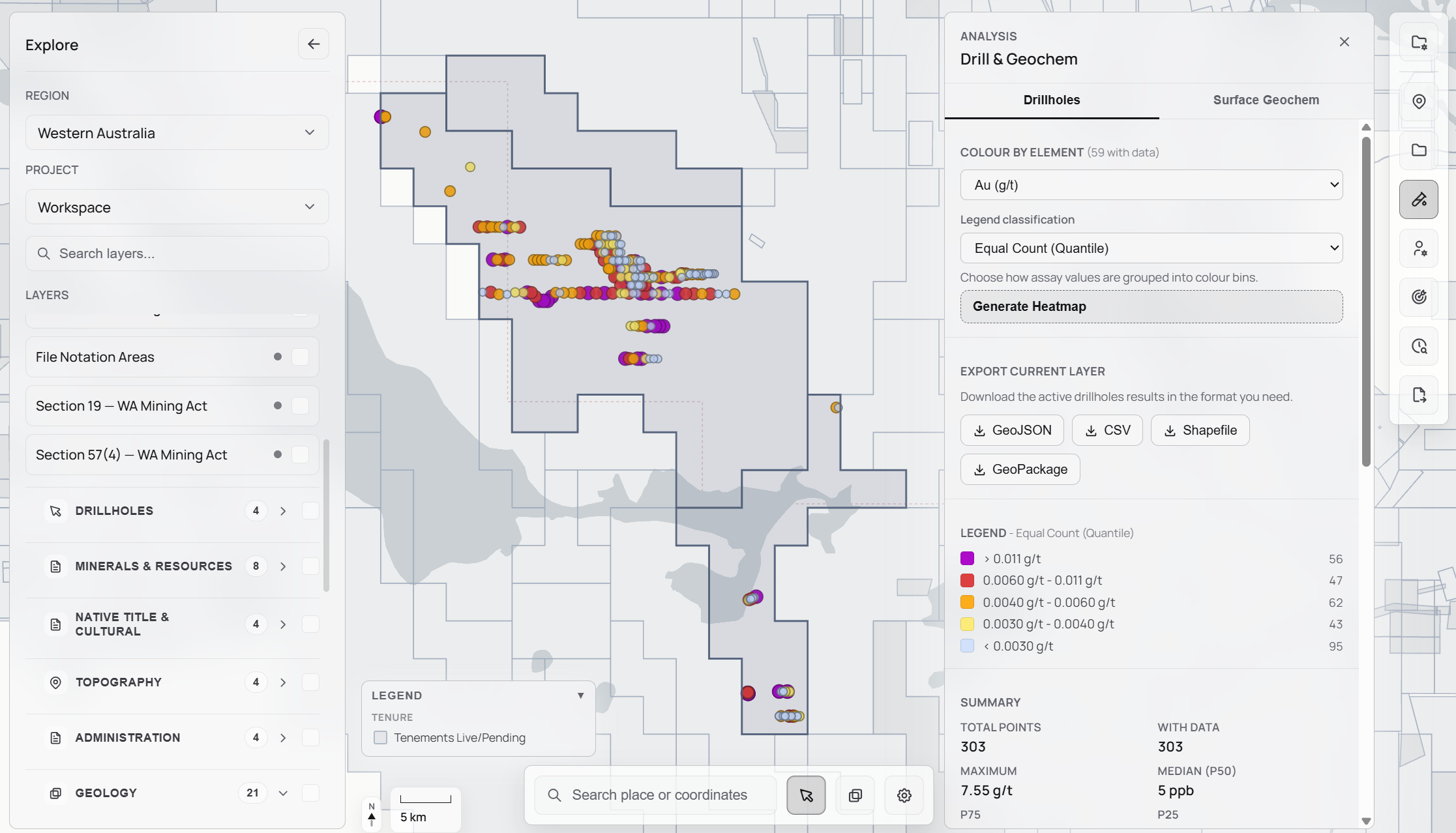STRATUM drillhole collar layer showing assay collars with ppm values on the GIS viewer.