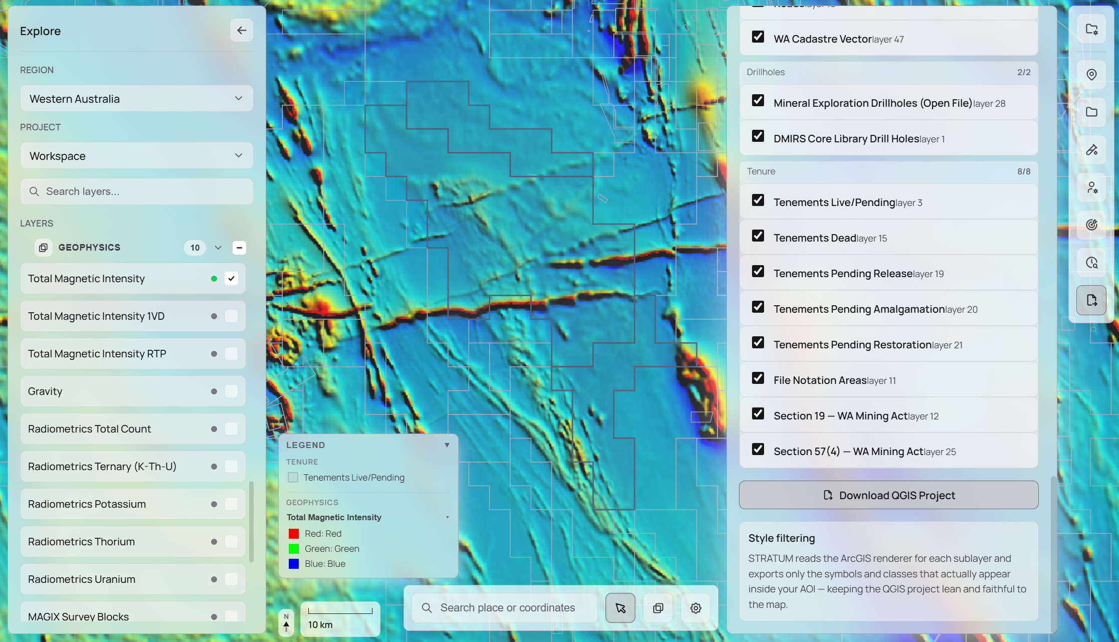 STRATUM geophysics overlay showing magnetics and gravity layers on the exploration map.