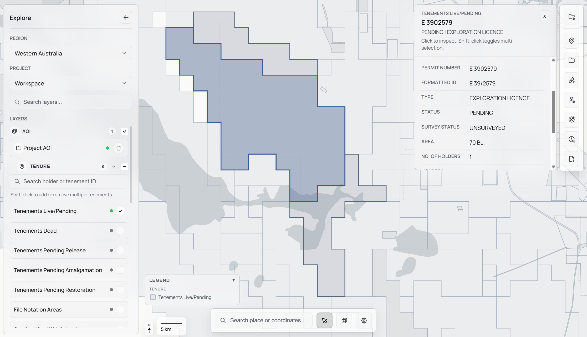 STRATUM AOI analysis showing live tenement selection and licence status.