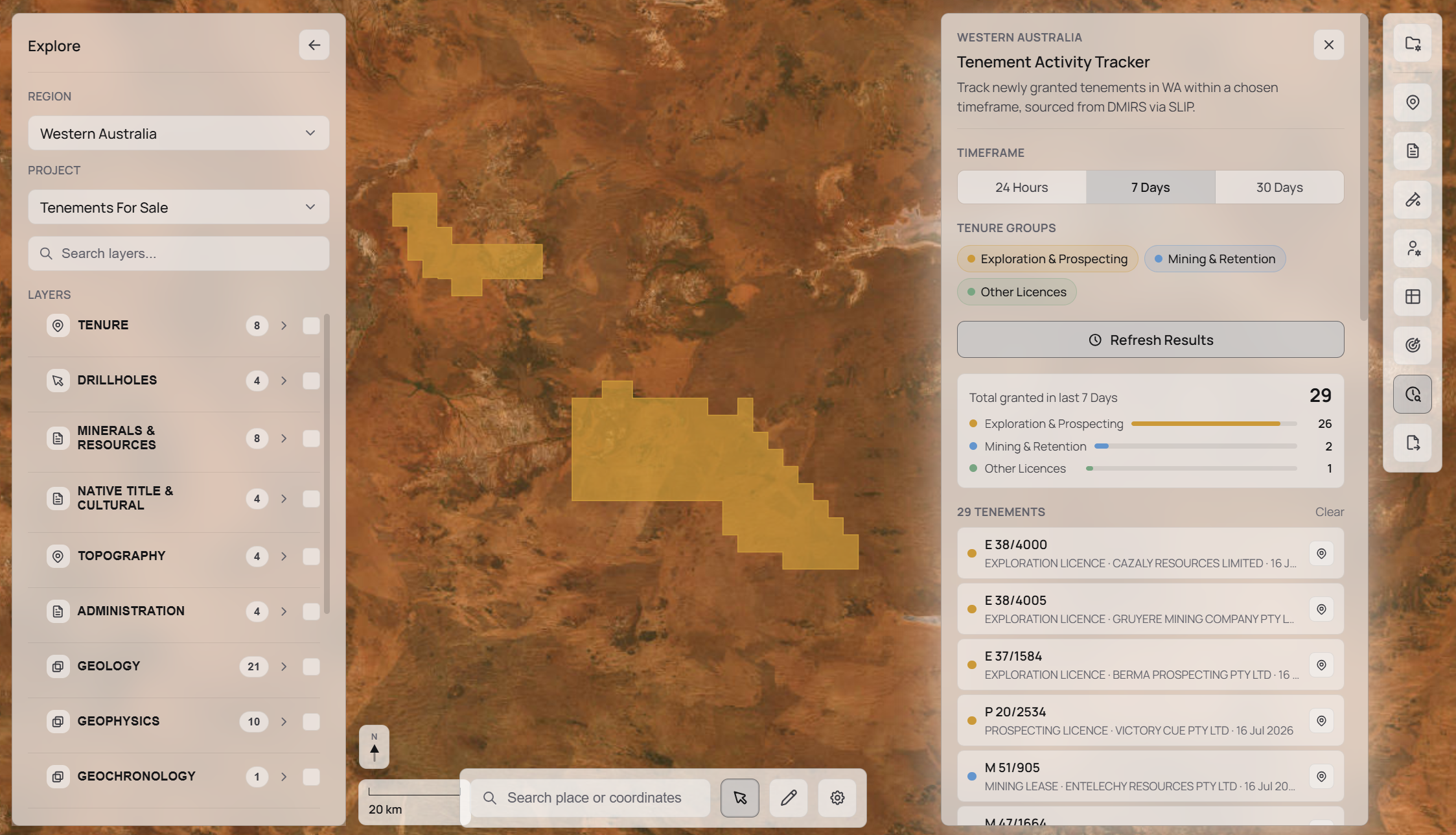 STRATUM tenement activity tracker showing live changes across granted, pending, and expiring tenements.
